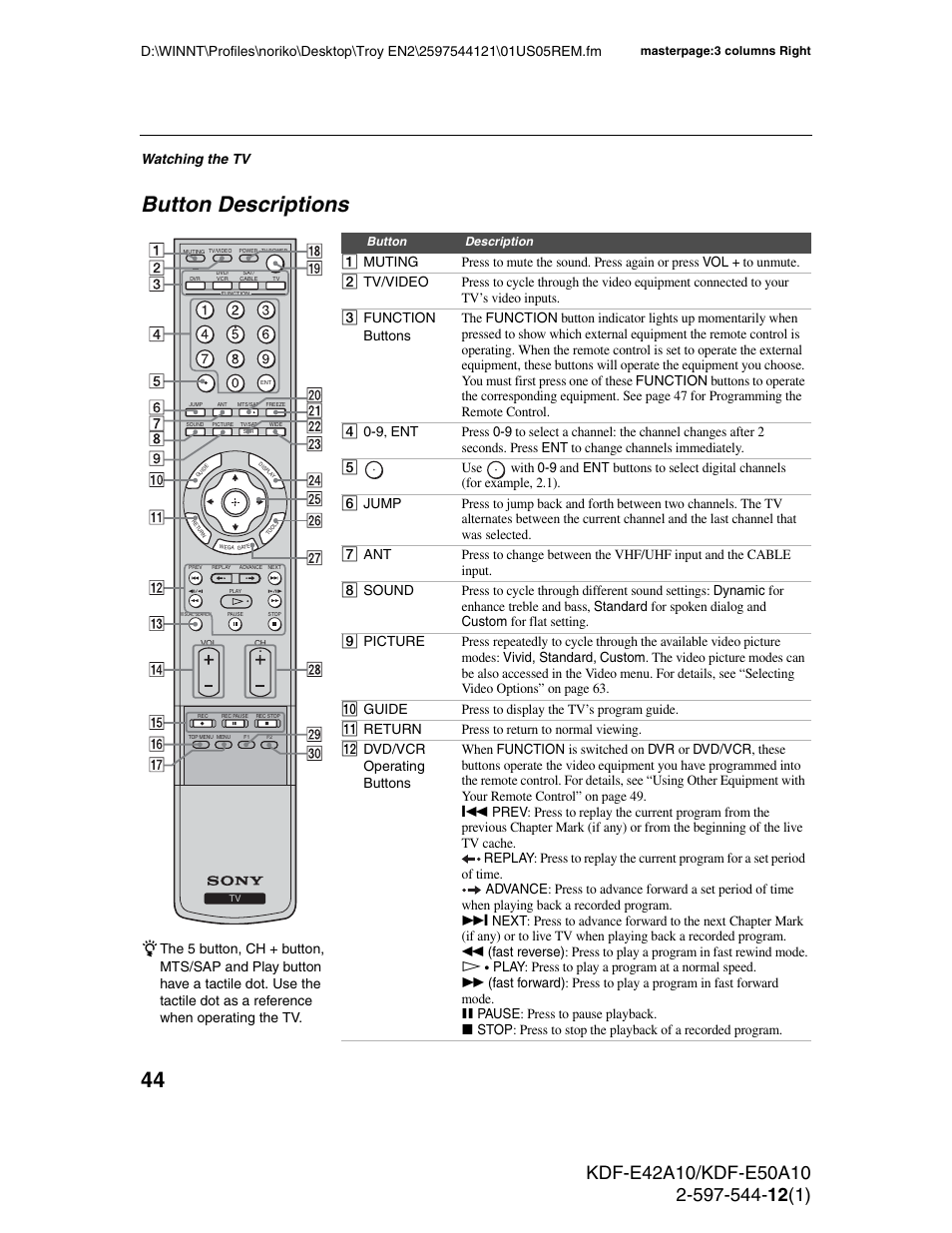 Button descriptions, Watching the tv | Sony KDF-E42A10 User Manual | Page 44 / 100