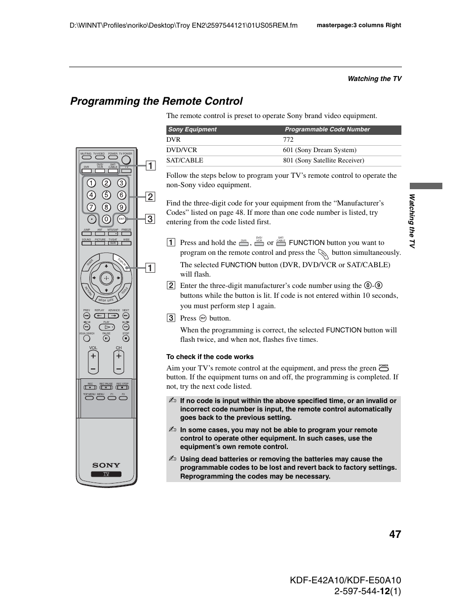 Programming the remote control, Watching the tv, Watc hing the tv | Function | Sony KDF-E42A10 User Manual | Page 47 / 100