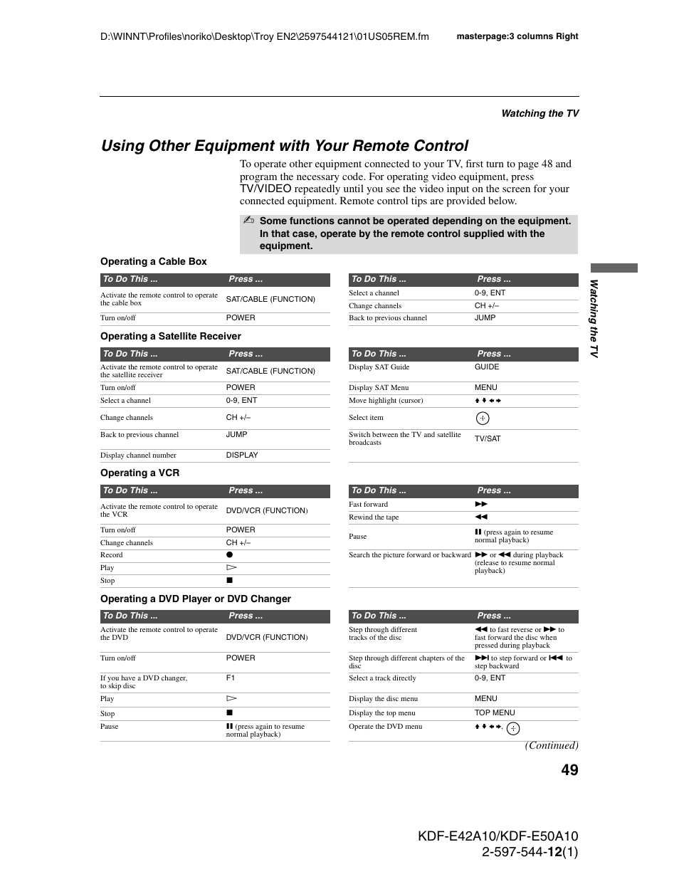 Using other equipment with your remote control, Using other equipment with your remote, Control | Continued) | Sony KDF-E42A10 User Manual | Page 49 / 100