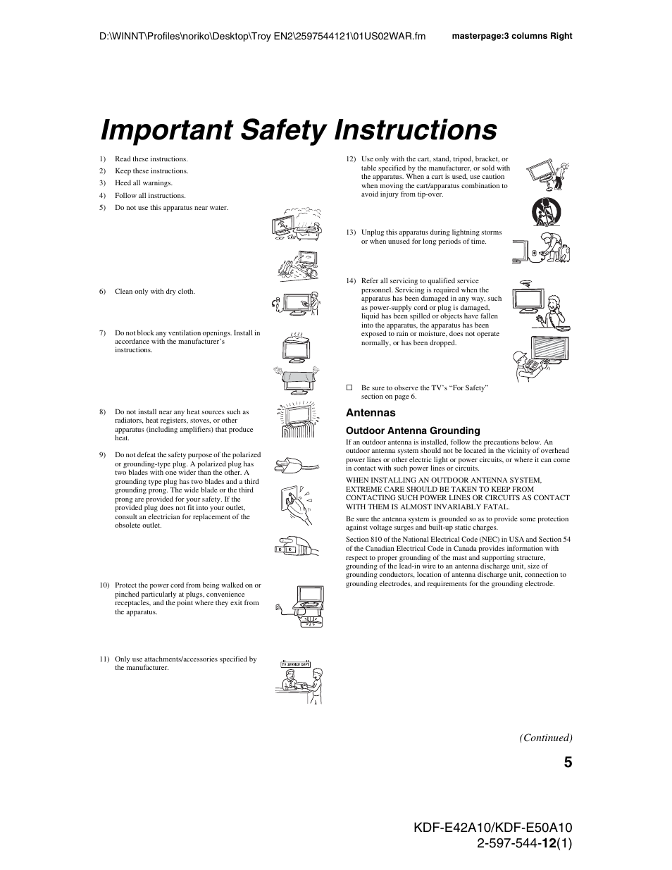 Important safety instructions | Sony KDF-E42A10 User Manual | Page 5 / 100