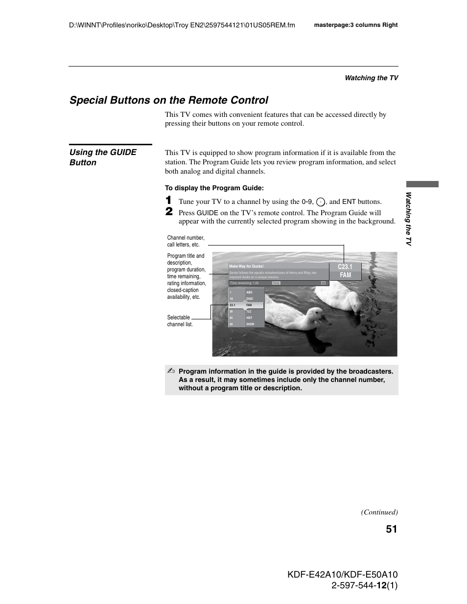 Special buttons on the remote control, Using the guide button | Sony KDF-E42A10 User Manual | Page 51 / 100