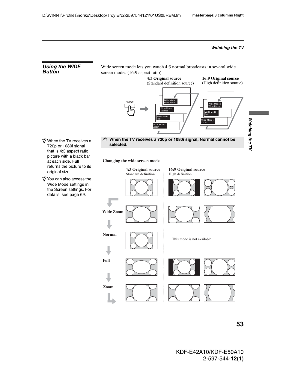 Using the wide button | Sony KDF-E42A10 User Manual | Page 53 / 100