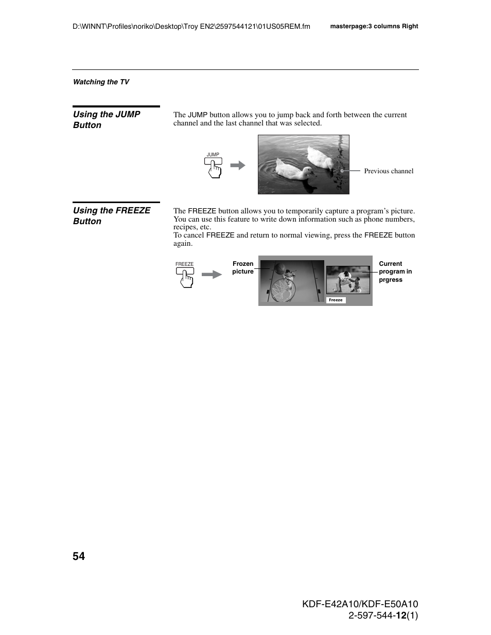 Using the jump button, Using the freeze button, Using the jump button using the freeze button | Sony KDF-E42A10 User Manual | Page 54 / 100