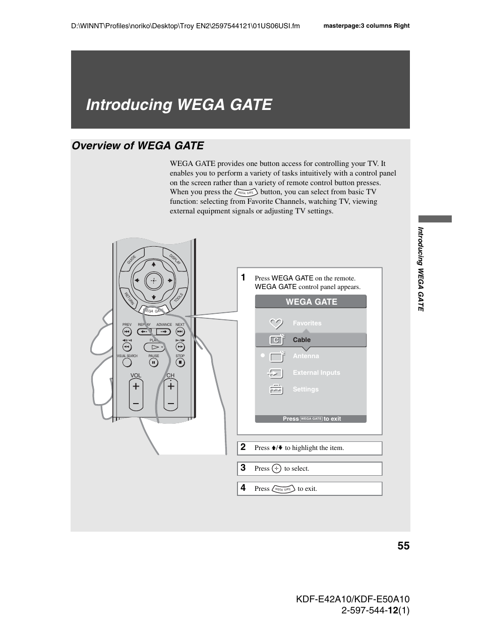 Introducing wega gate, Overview of wega gate, Wega gate | Sony KDF-E42A10 User Manual | Page 55 / 100