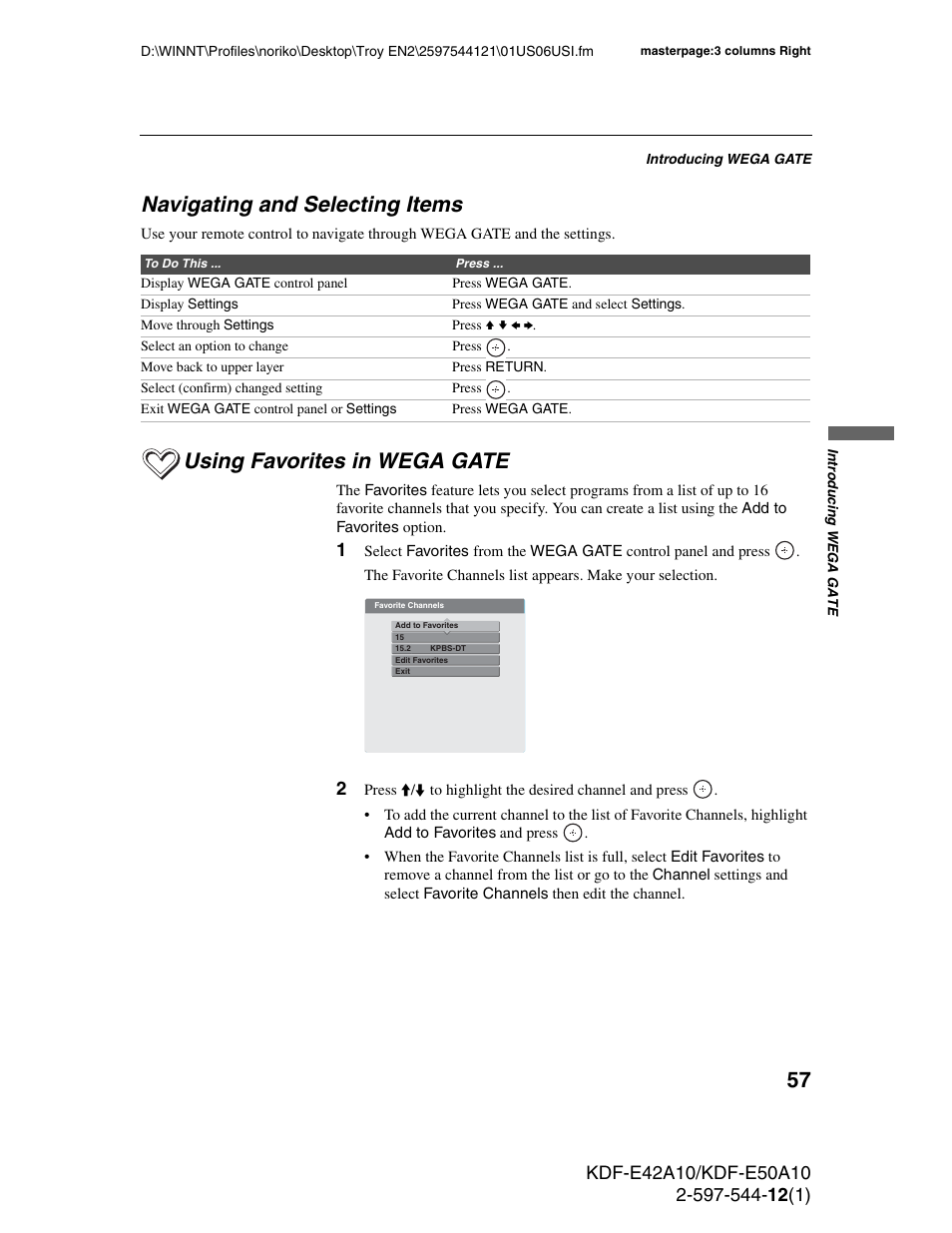 Navigating and selecting items, Using favorites in wega gate | Sony KDF-E42A10 User Manual | Page 57 / 100