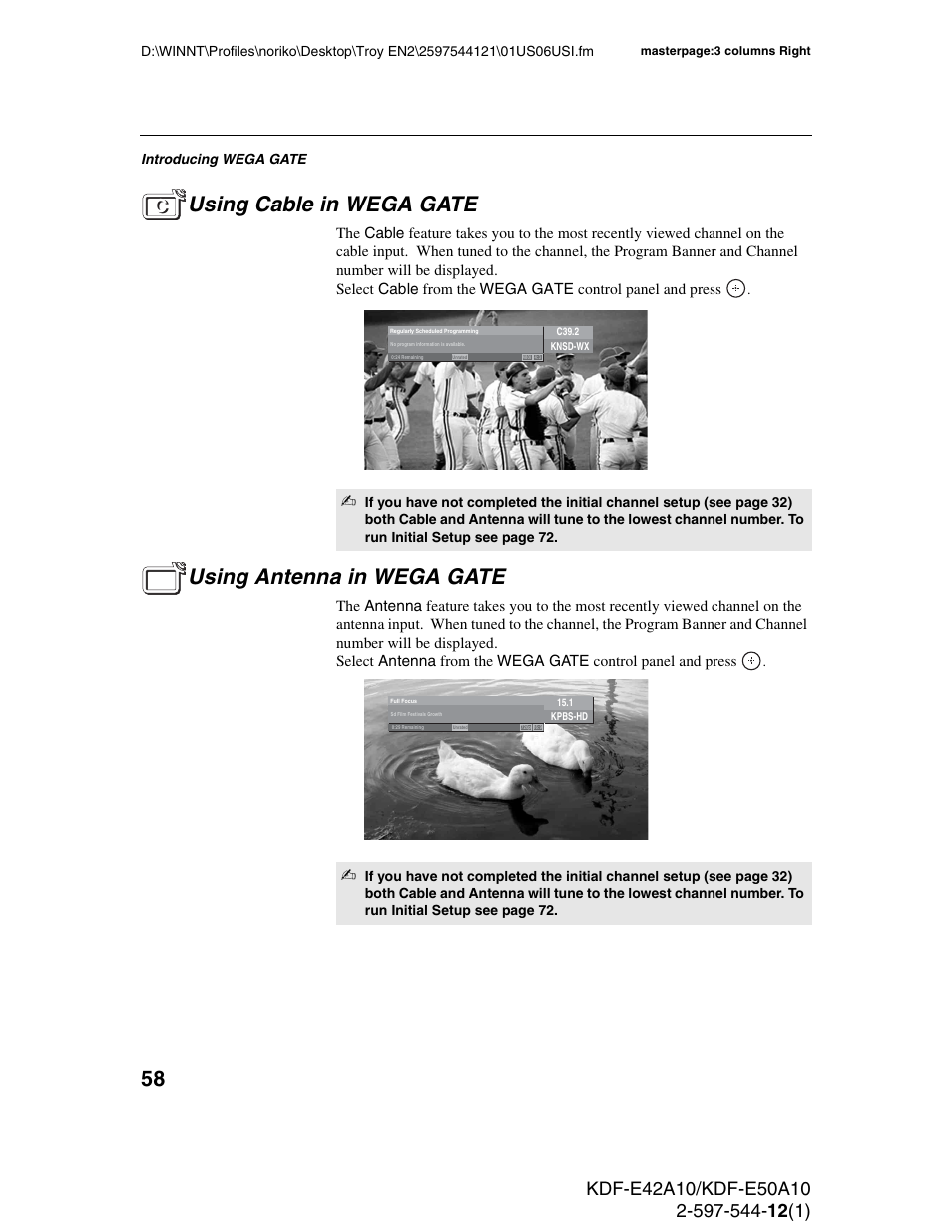 Using cable in wega gate, Using antenna in wega gate | Sony KDF-E42A10 User Manual | Page 58 / 100