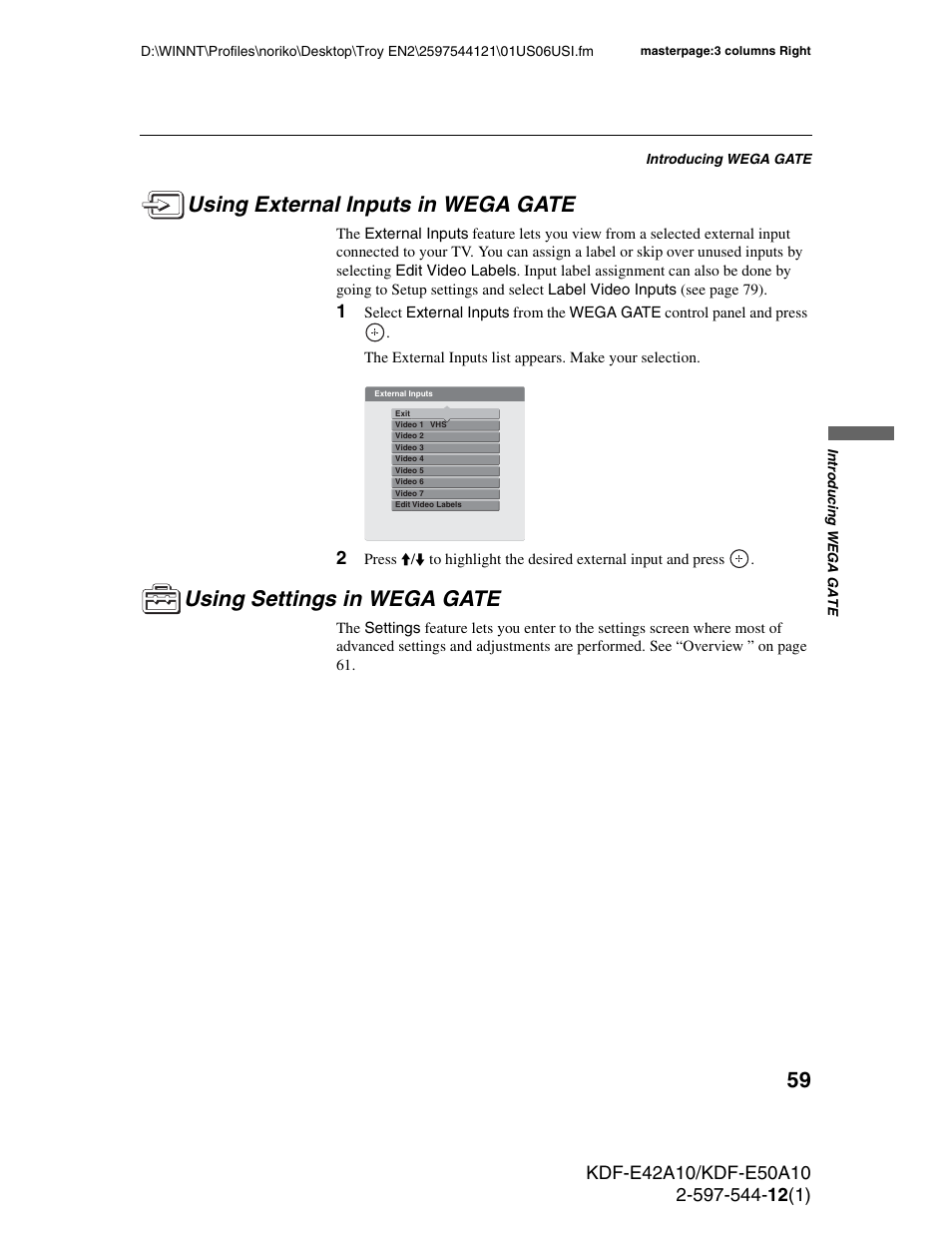 Using external inputs in wega gate, Using settings in wega gate | Sony KDF-E42A10 User Manual | Page 59 / 100