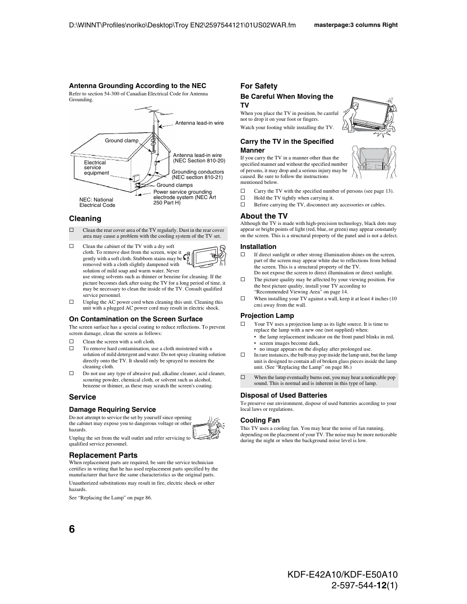 Cleaning, Service, Replacement parts | For safety, About the tv | Sony KDF-E42A10 User Manual | Page 6 / 100