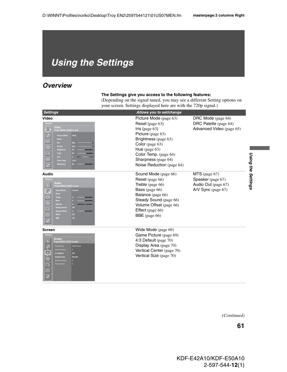 Using the settings, Overview, Continued) | Us ing the setting s | Sony KDF-E42A10 User Manual | Page 61 / 100