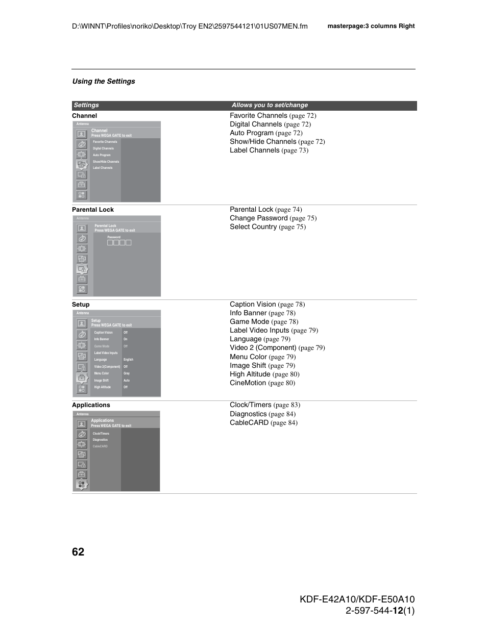 Using the settings | Sony KDF-E42A10 User Manual | Page 62 / 100