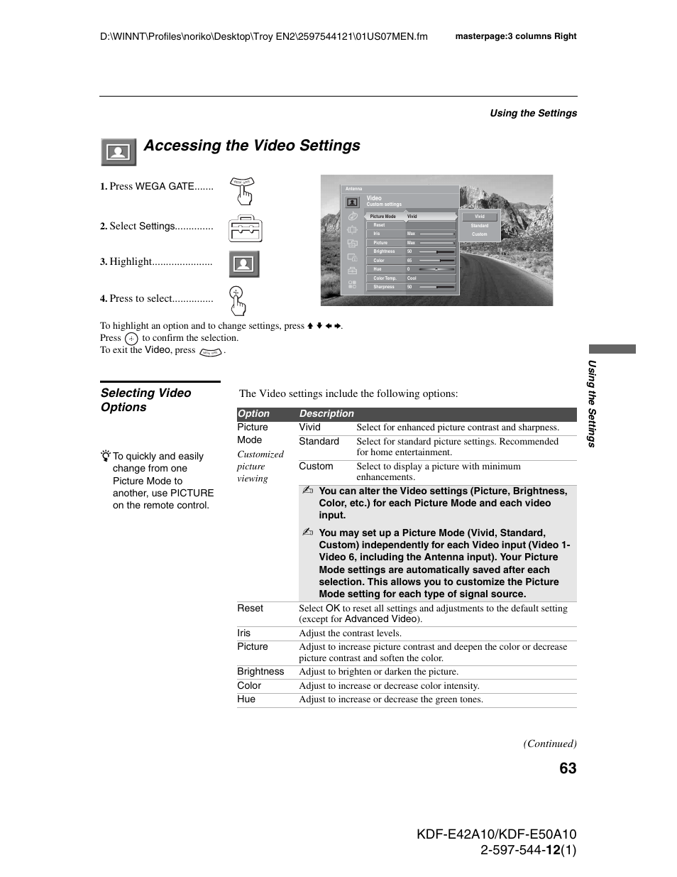 Accessing the video settings, Selecting video options | Sony KDF-E42A10 User Manual | Page 63 / 100