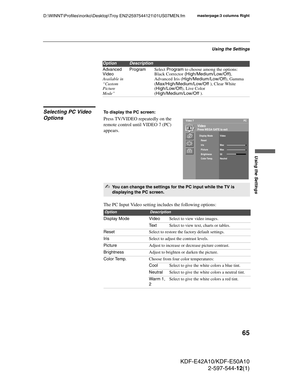 Selecting pc video options | Sony KDF-E42A10 User Manual | Page 65 / 100