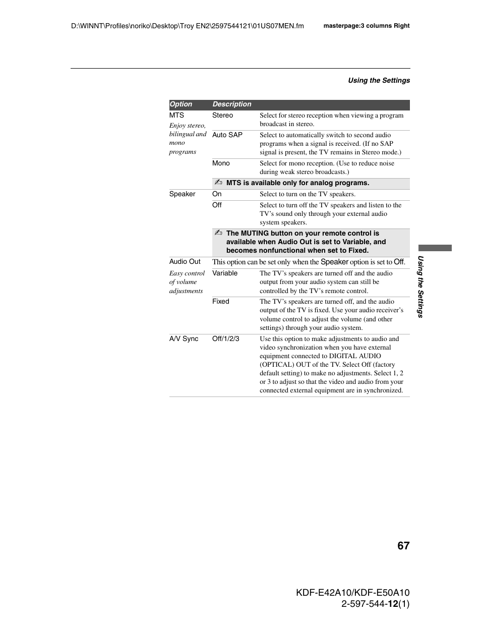 Sony KDF-E42A10 User Manual | Page 67 / 100