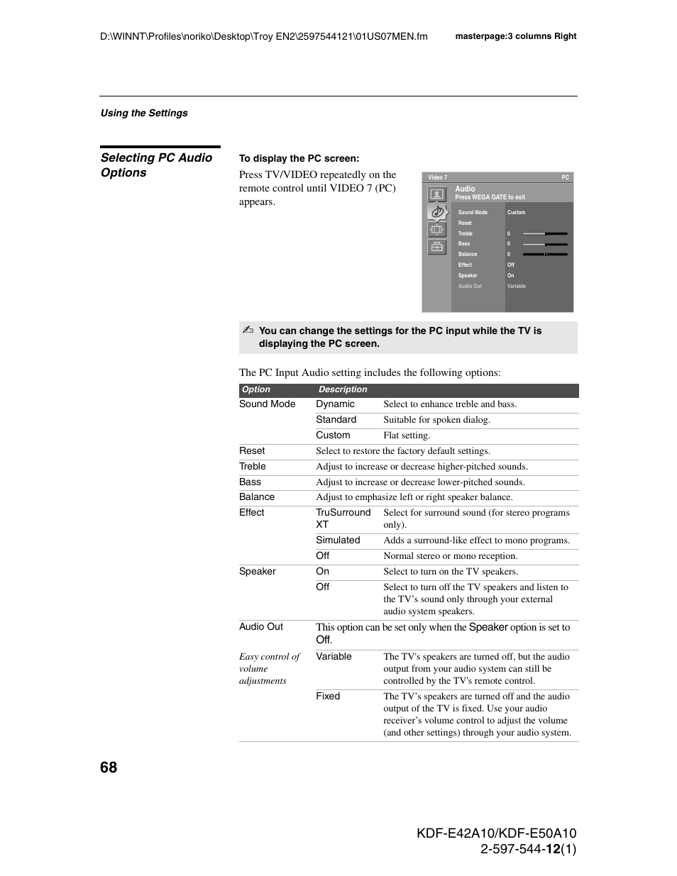 Selecting pc audio options | Sony KDF-E42A10 User Manual | Page 68 / 100