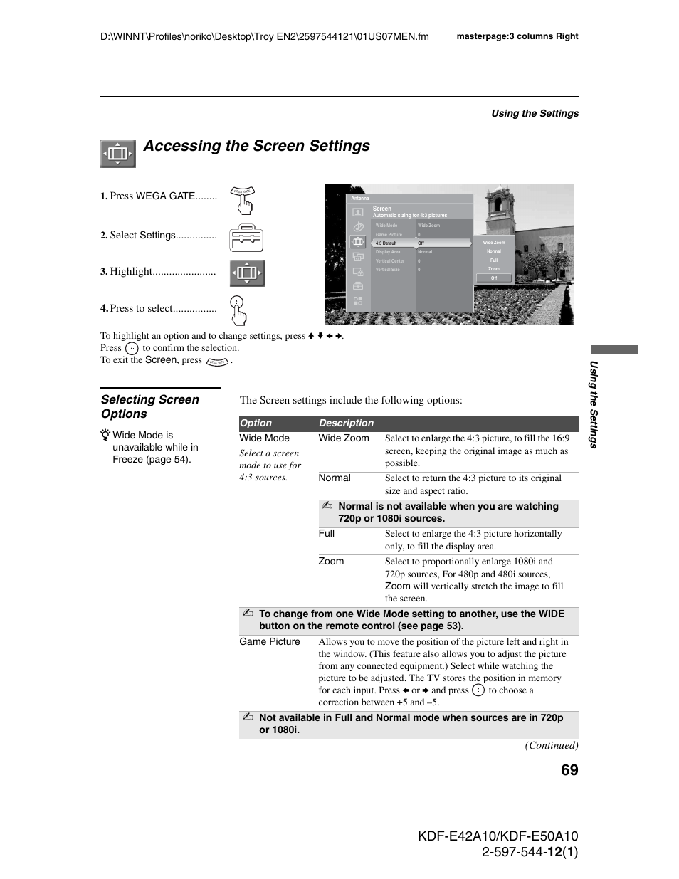 Accessing the screen settings, Selecting screen options | Sony KDF-E42A10 User Manual | Page 69 / 100