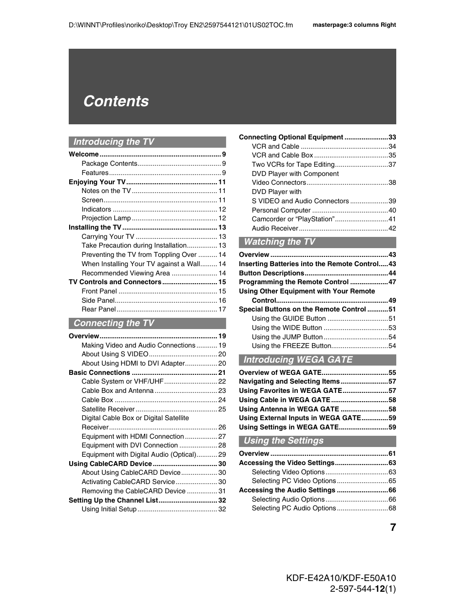 Sony KDF-E42A10 User Manual | Page 7 / 100