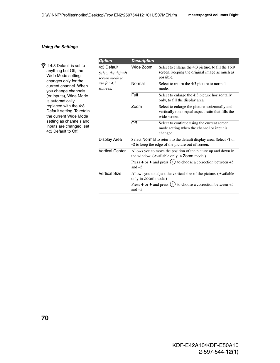 Sony KDF-E42A10 User Manual | Page 70 / 100