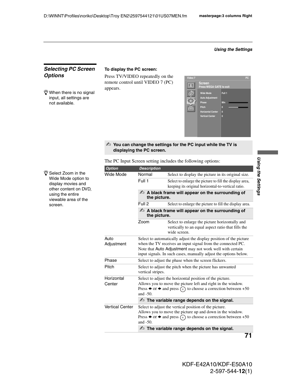 Selecting pc screen options | Sony KDF-E42A10 User Manual | Page 71 / 100