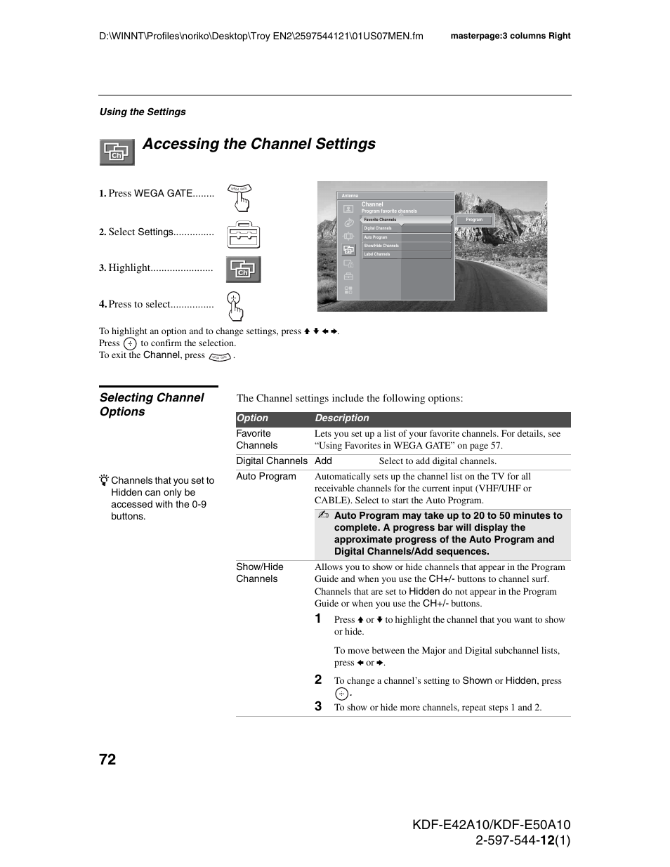 Accessing the channel settings, Selecting channel options | Sony KDF-E42A10 User Manual | Page 72 / 100