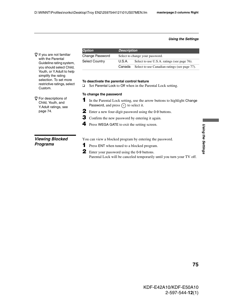 Viewing blocked programs | Sony KDF-E42A10 User Manual | Page 75 / 100