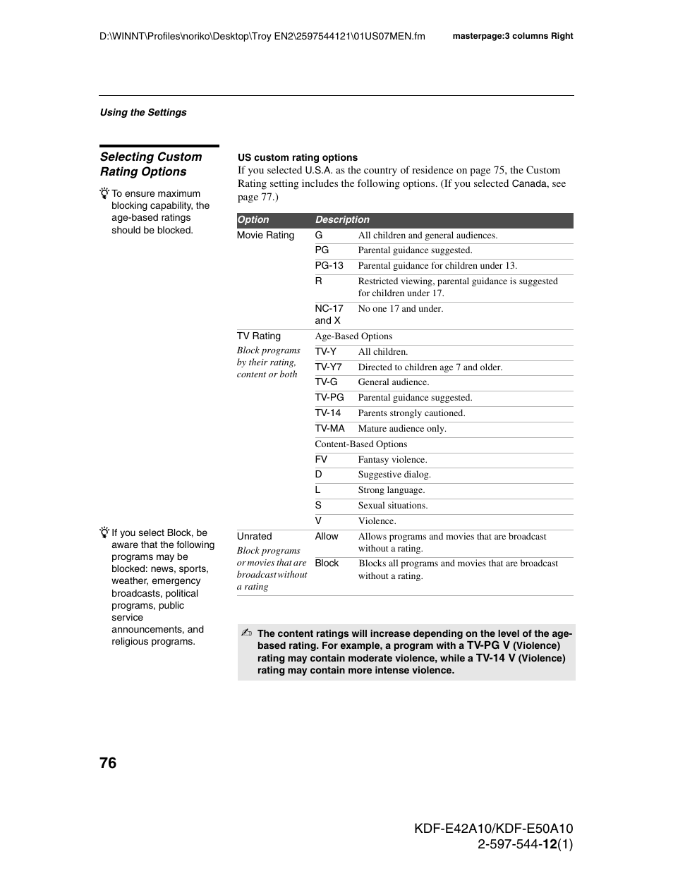 Selecting custom rating options | Sony KDF-E42A10 User Manual | Page 76 / 100