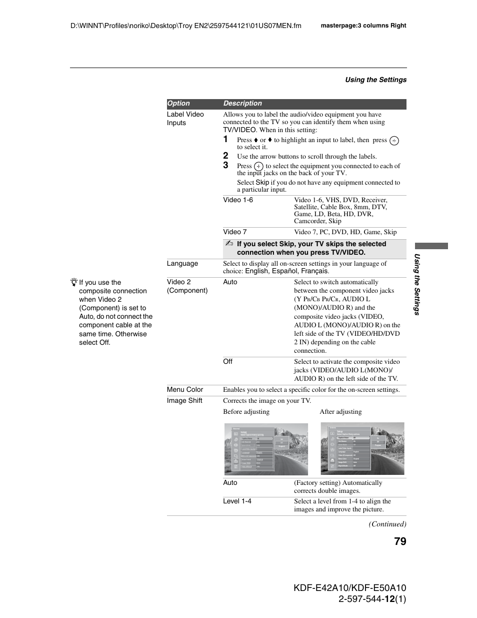 Continued), Using the settings, Us ing the setting s | Use the arrow buttons to scroll through the labels, Masterpage:3 columns right | Sony KDF-E42A10 User Manual | Page 79 / 100