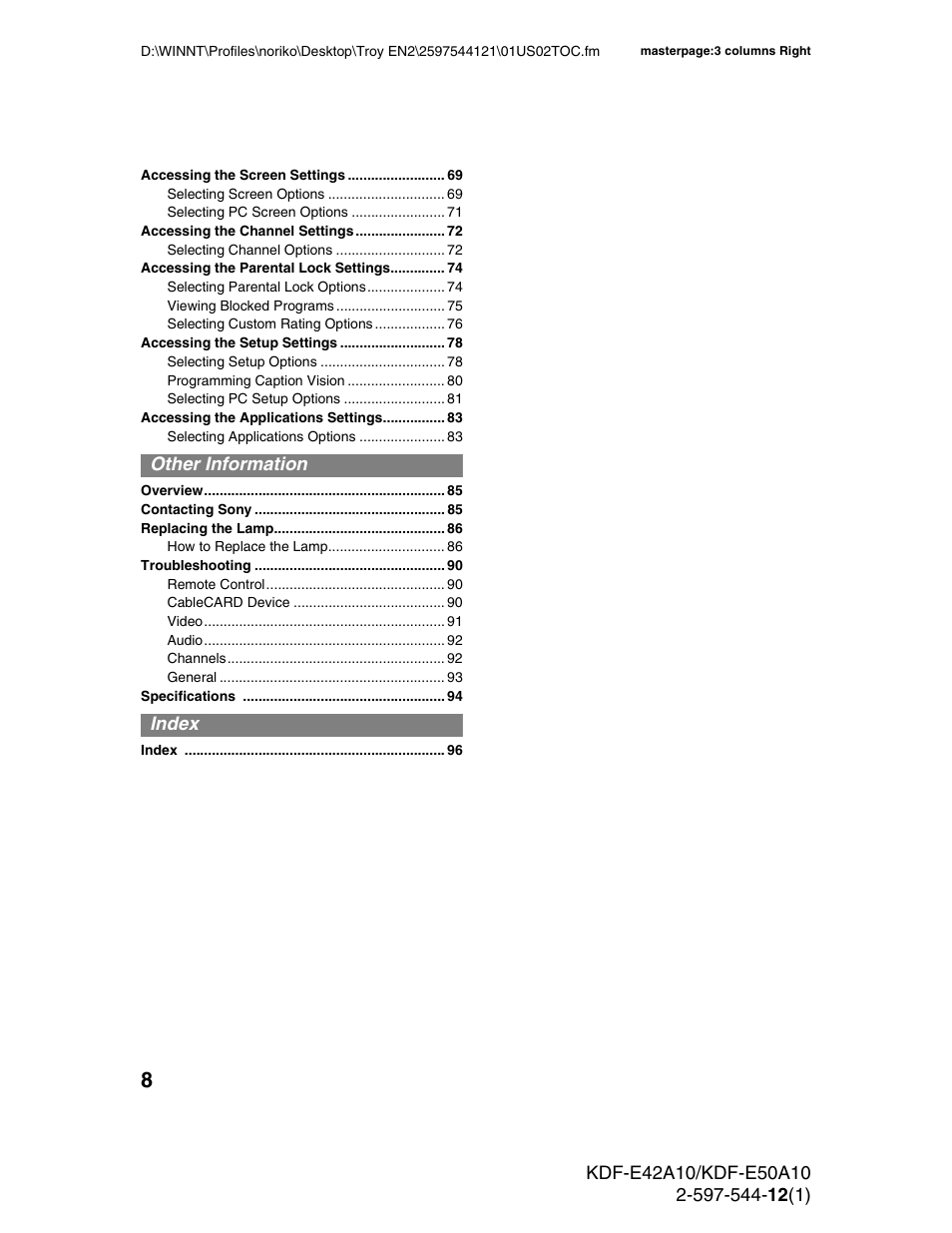 Sony KDF-E42A10 User Manual | Page 8 / 100