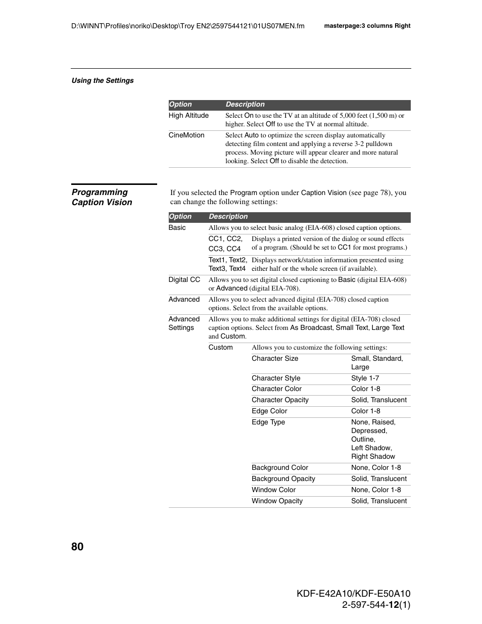 Programming caption vision | Sony KDF-E42A10 User Manual | Page 80 / 100