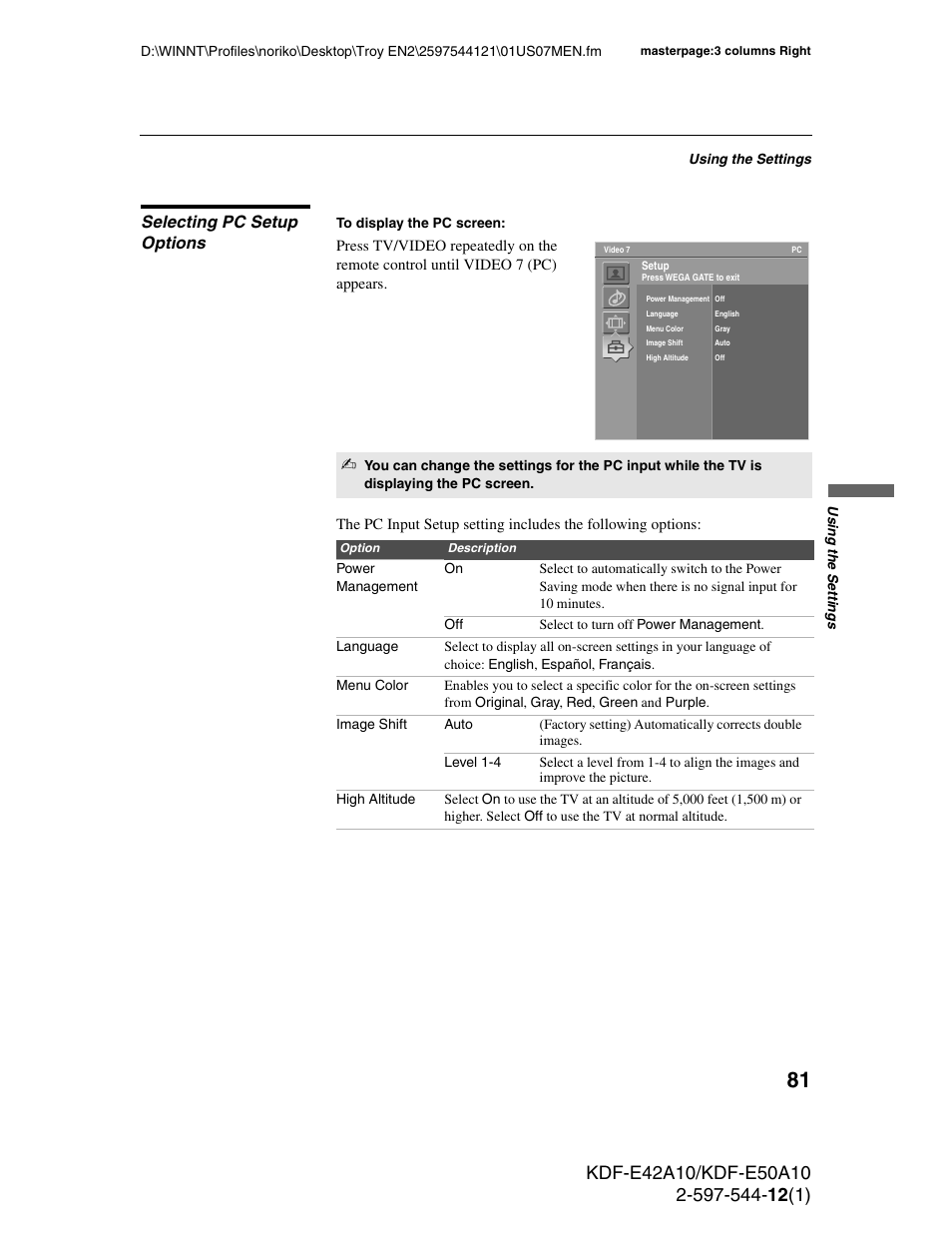 Selecting pc setup options | Sony KDF-E42A10 User Manual | Page 81 / 100