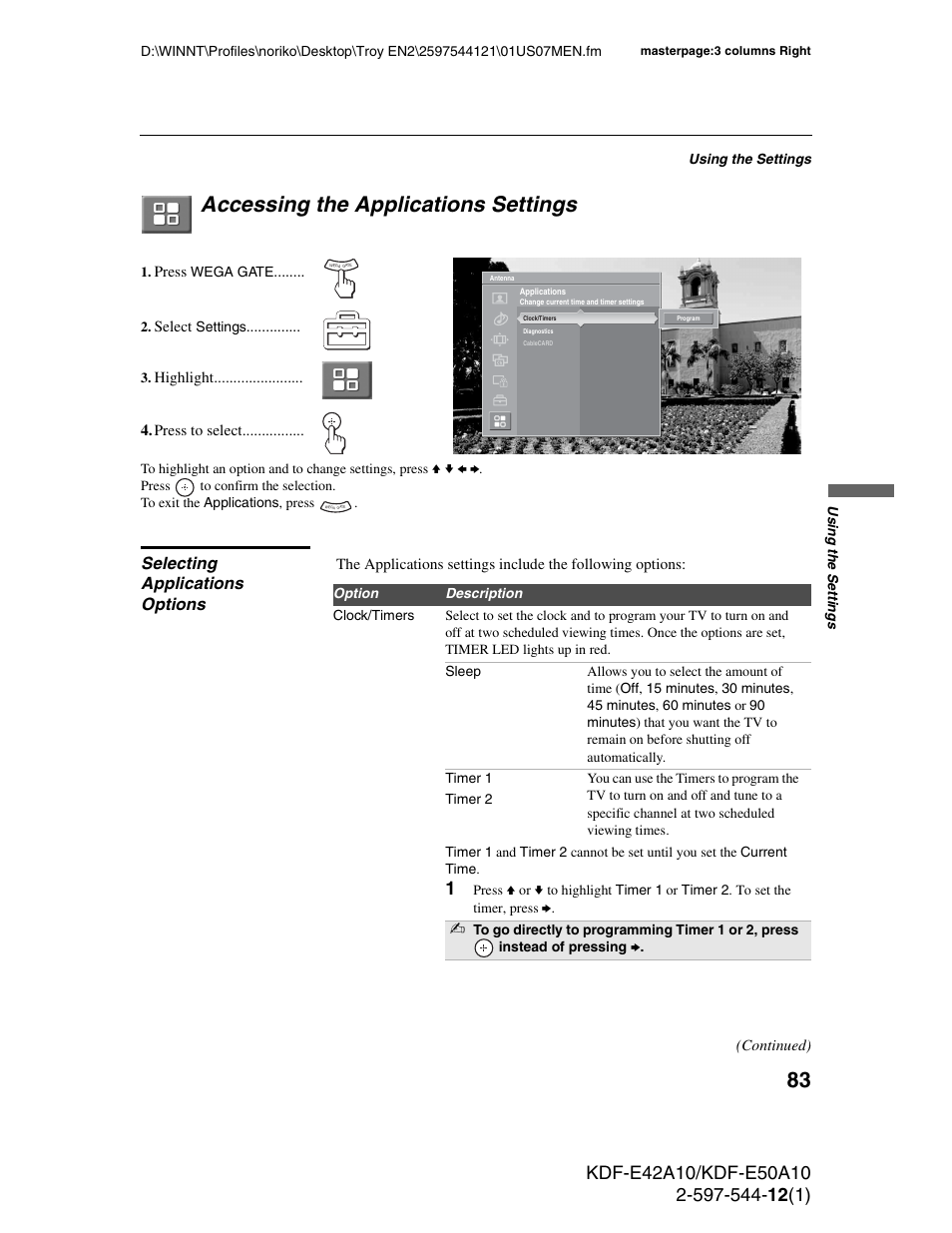 Accessing the applications settings, Selecting applications options | Sony KDF-E42A10 User Manual | Page 83 / 100