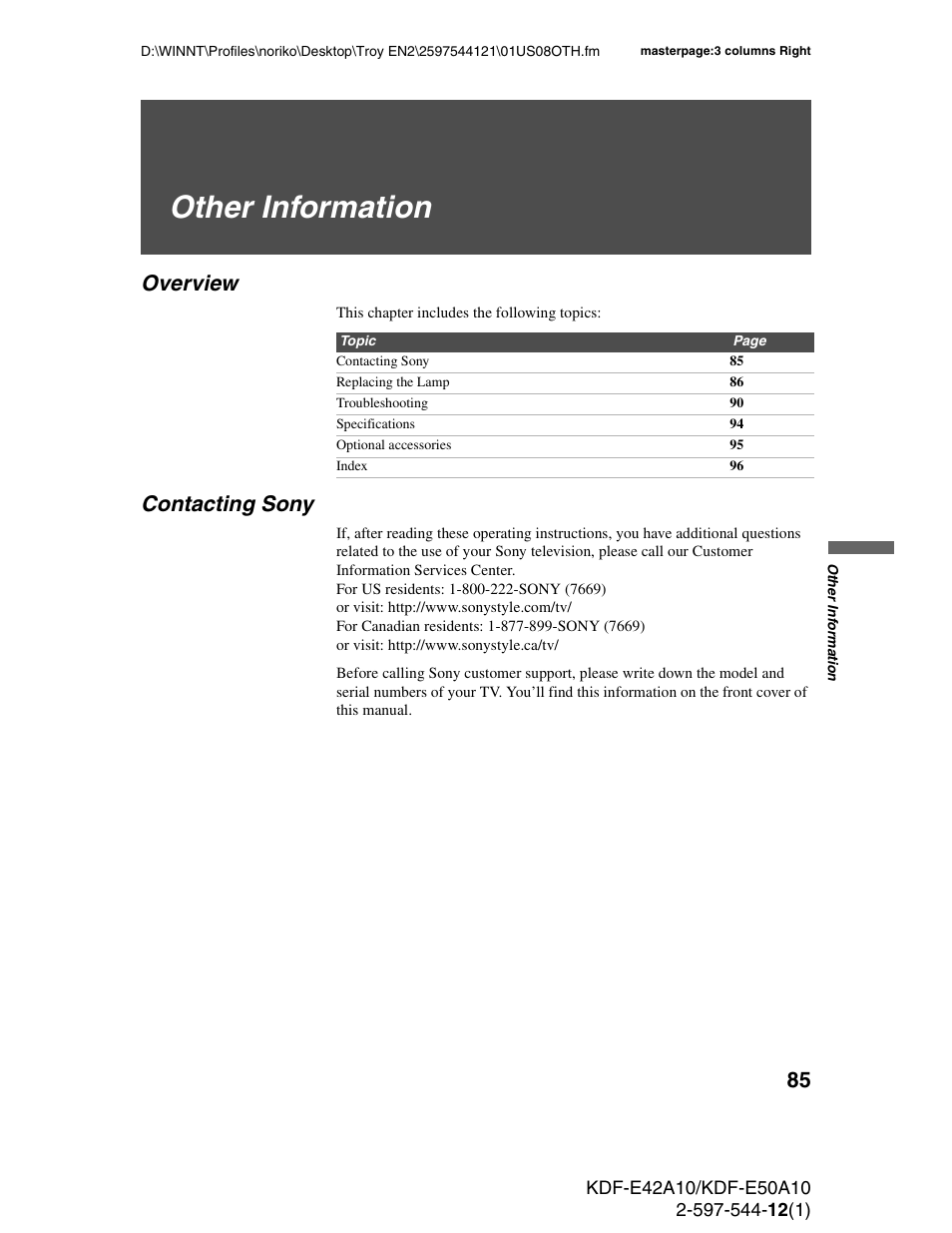 Other information, Overview, Contacting sony | Overview contacting sony | Sony KDF-E42A10 User Manual | Page 85 / 100