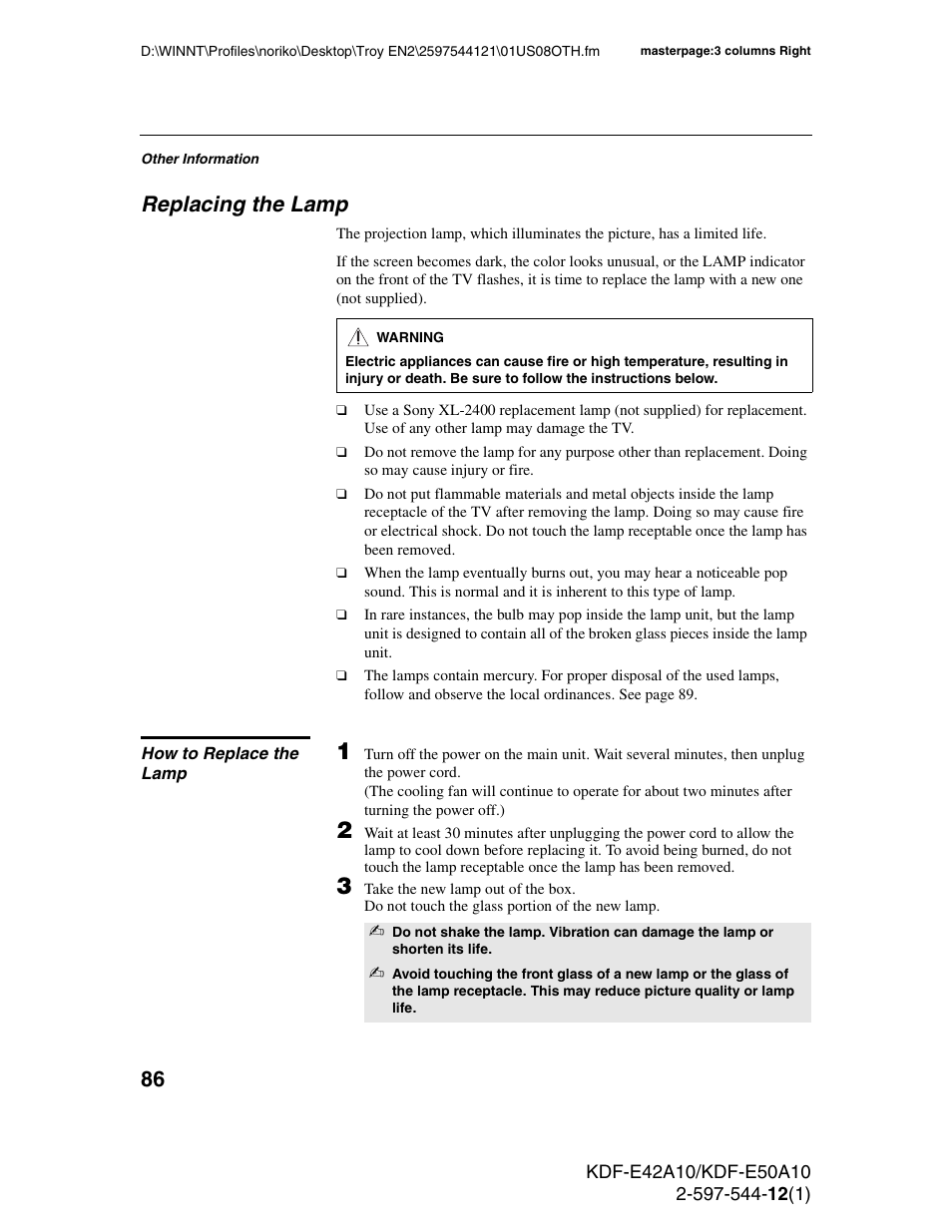 Replacing the lamp, How to replace the lamp | Sony KDF-E42A10 User Manual | Page 86 / 100