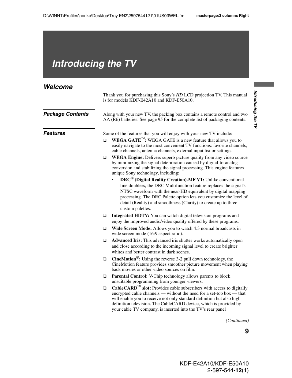 Introducing the tv, Welcome, Package contents | Features, Package contents features | Sony KDF-E42A10 User Manual | Page 9 / 100