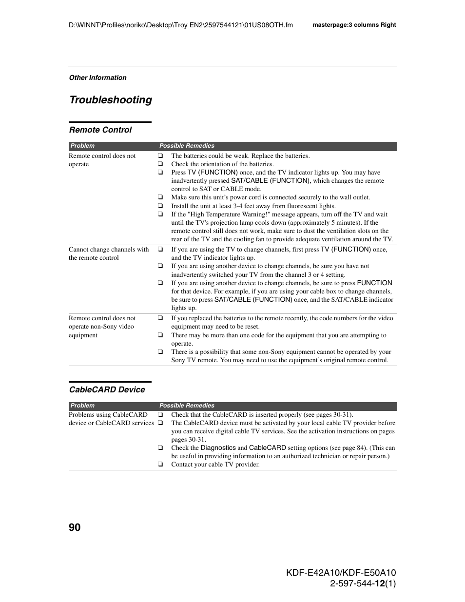 Troubleshooting, Remote control, Cablecard device | Remote control cablecard device | Sony KDF-E42A10 User Manual | Page 90 / 100