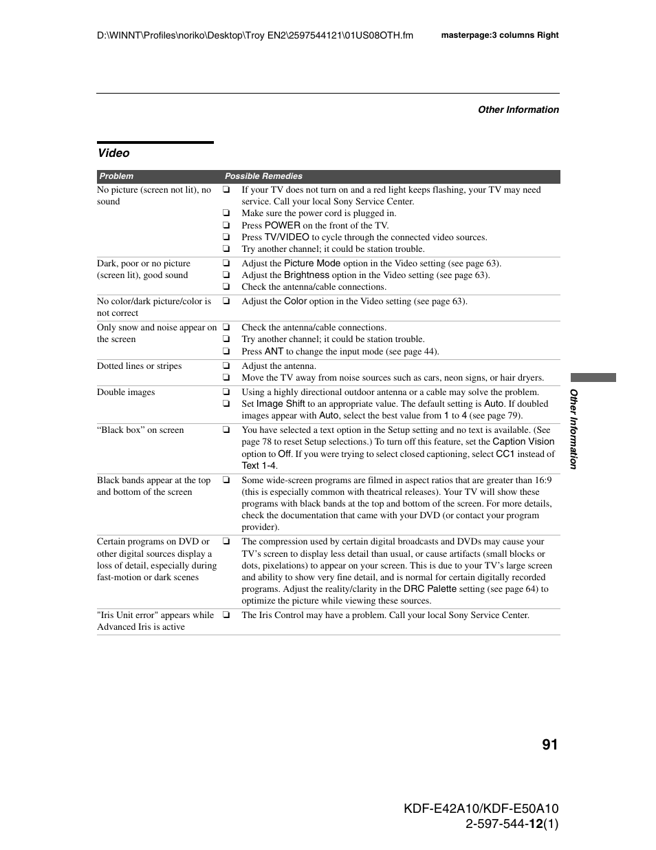 Video | Sony KDF-E42A10 User Manual | Page 91 / 100