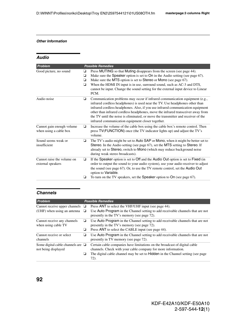 Audio, Channels, Audio channels | Sony KDF-E42A10 User Manual | Page 92 / 100