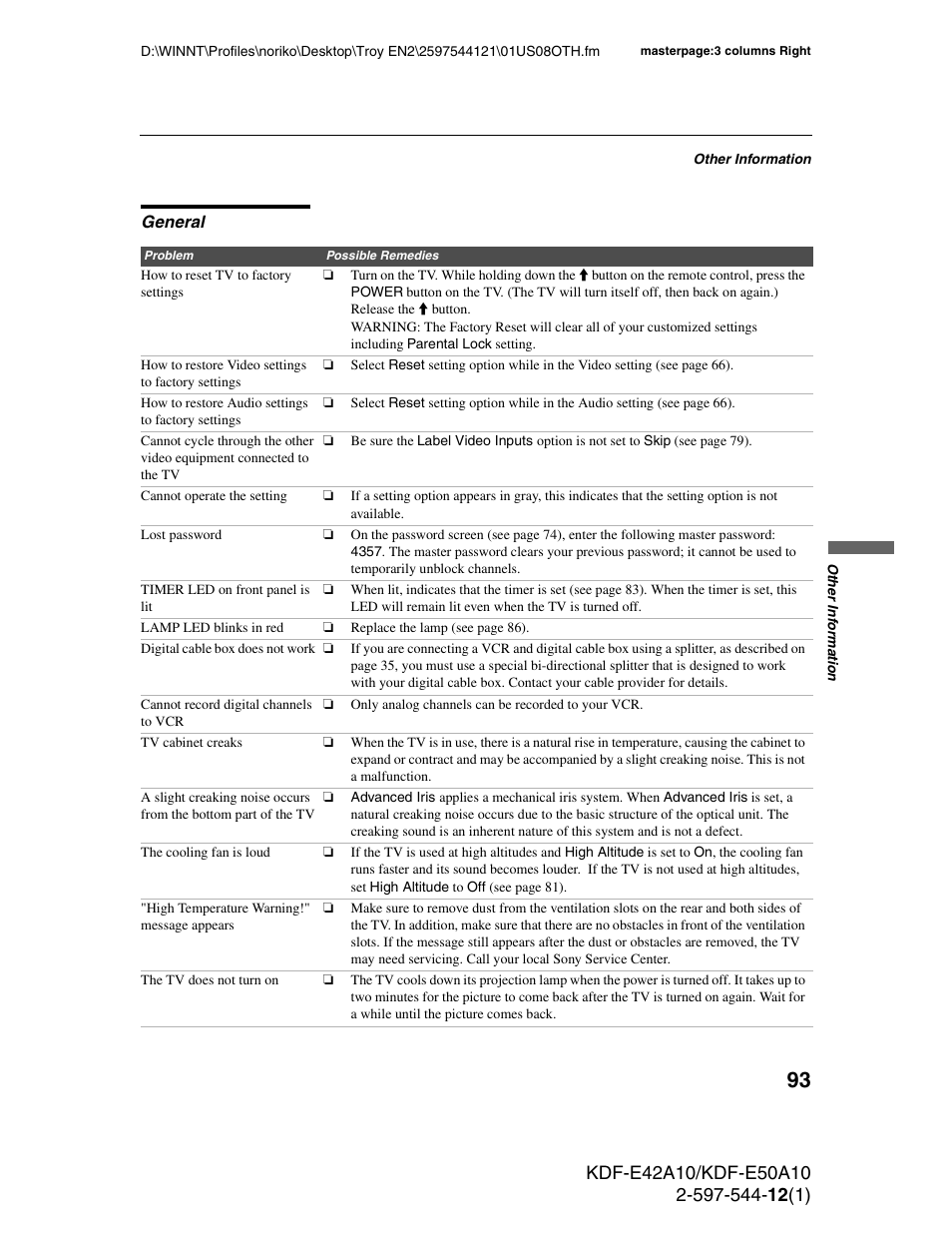 General | Sony KDF-E42A10 User Manual | Page 93 / 100