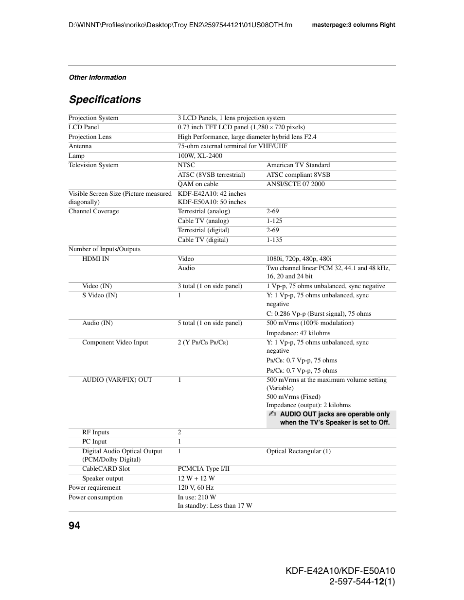 Specifications | Sony KDF-E42A10 User Manual | Page 94 / 100