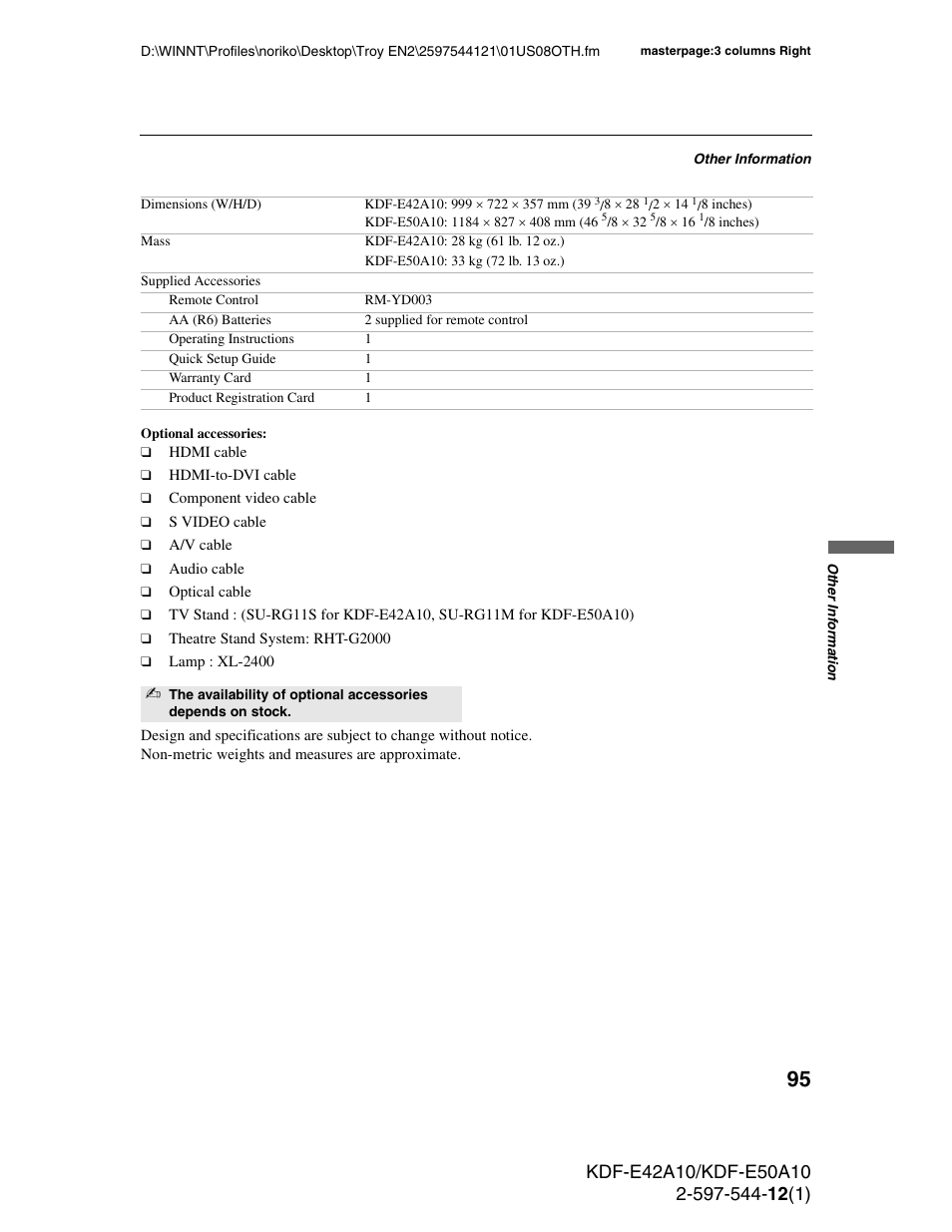 Sony KDF-E42A10 User Manual | Page 95 / 100