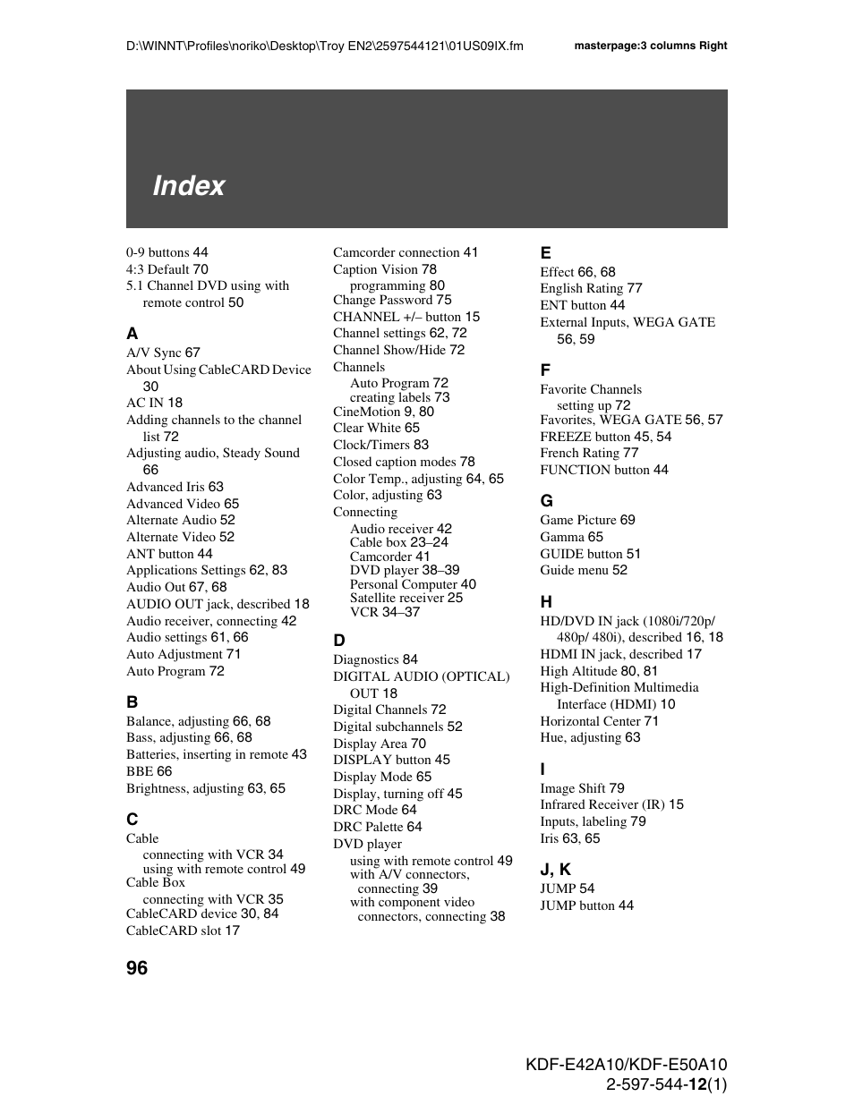 Index | Sony KDF-E42A10 User Manual | Page 96 / 100