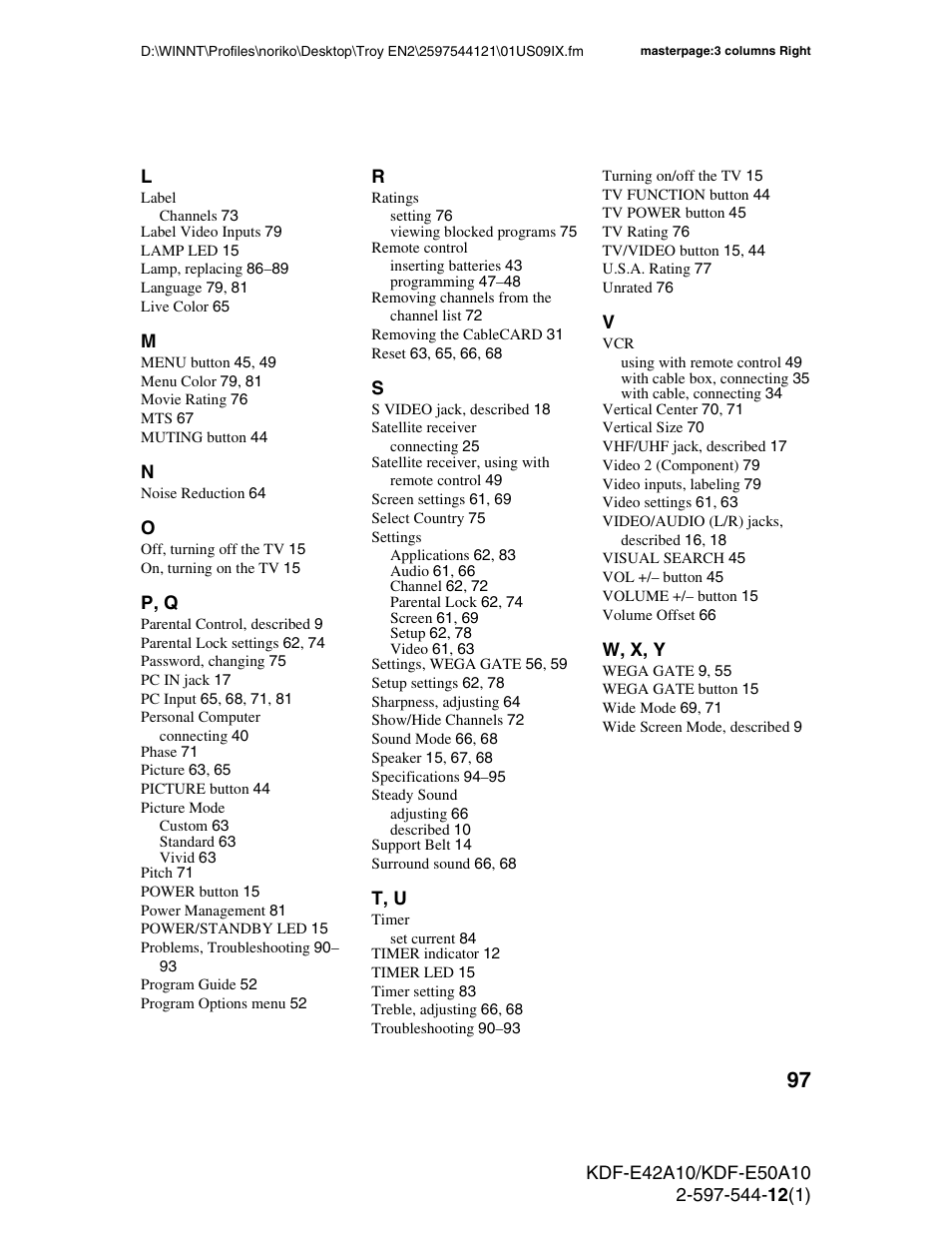 Sony KDF-E42A10 User Manual | Page 97 / 100