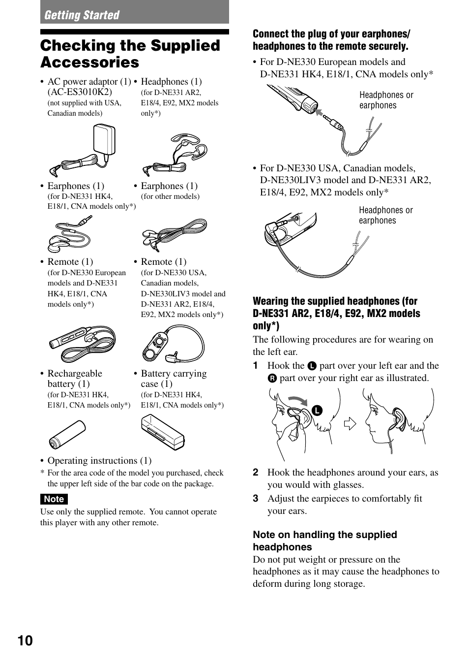 Getting started, Checking the supplied accessories | Sony D-NE330LIV3 User Manual | Page 10 / 40