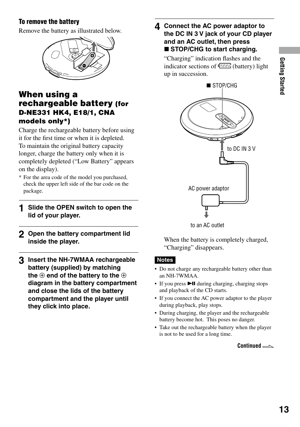 When using a rechargeable battery, For d-ne331 hk4, e18/1, cna models, Only*) | Sony D-NE330LIV3 User Manual | Page 13 / 40