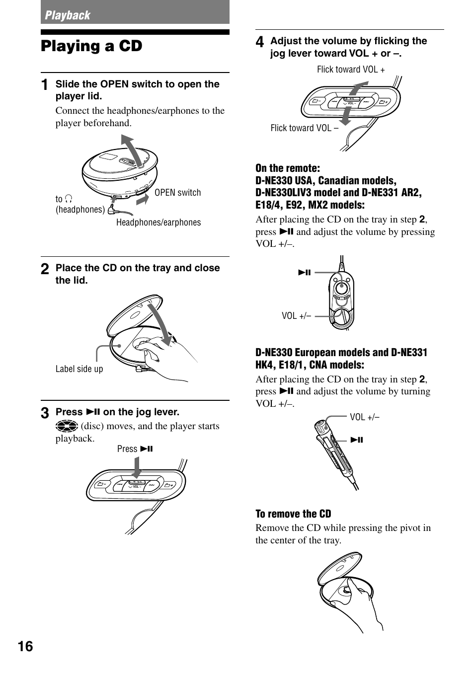 Playback, Playing a cd, Playing a cd 1 | Sony D-NE330LIV3 User Manual | Page 16 / 40
