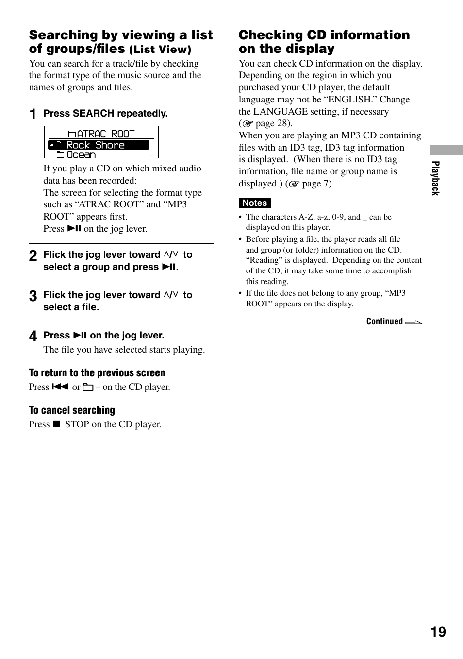 Checking cd information on the display, Searching by viewing a list of, Groups/ﬁles (list view) | Checking cd information on, The display, Searching by viewing a list of groups/ﬁles | Sony D-NE330LIV3 User Manual | Page 19 / 40