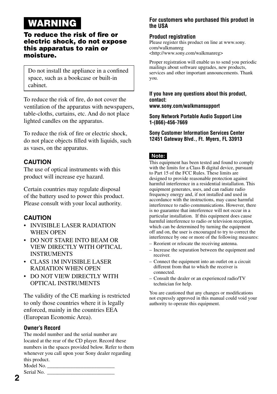 Warning | Sony D-NE330LIV3 User Manual | Page 2 / 40