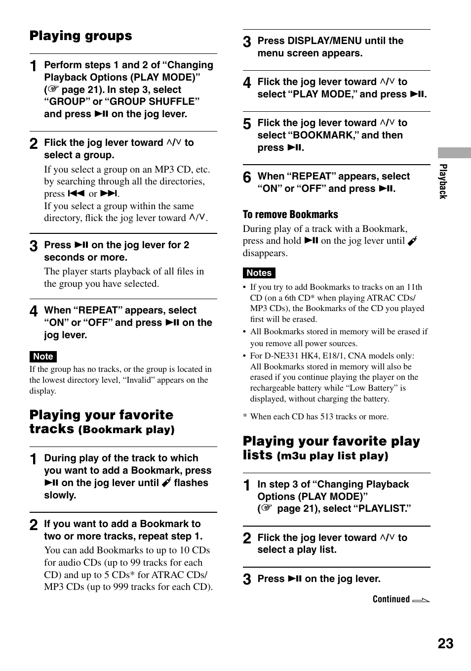 Playing groups, Playing your favorite tracks (bookmark play), Playing groups playing your favorite tracks | Bookmark play), Playing your favorite play lists, M3u play list play), Playing your favorite tracks | Sony D-NE330LIV3 User Manual | Page 23 / 40