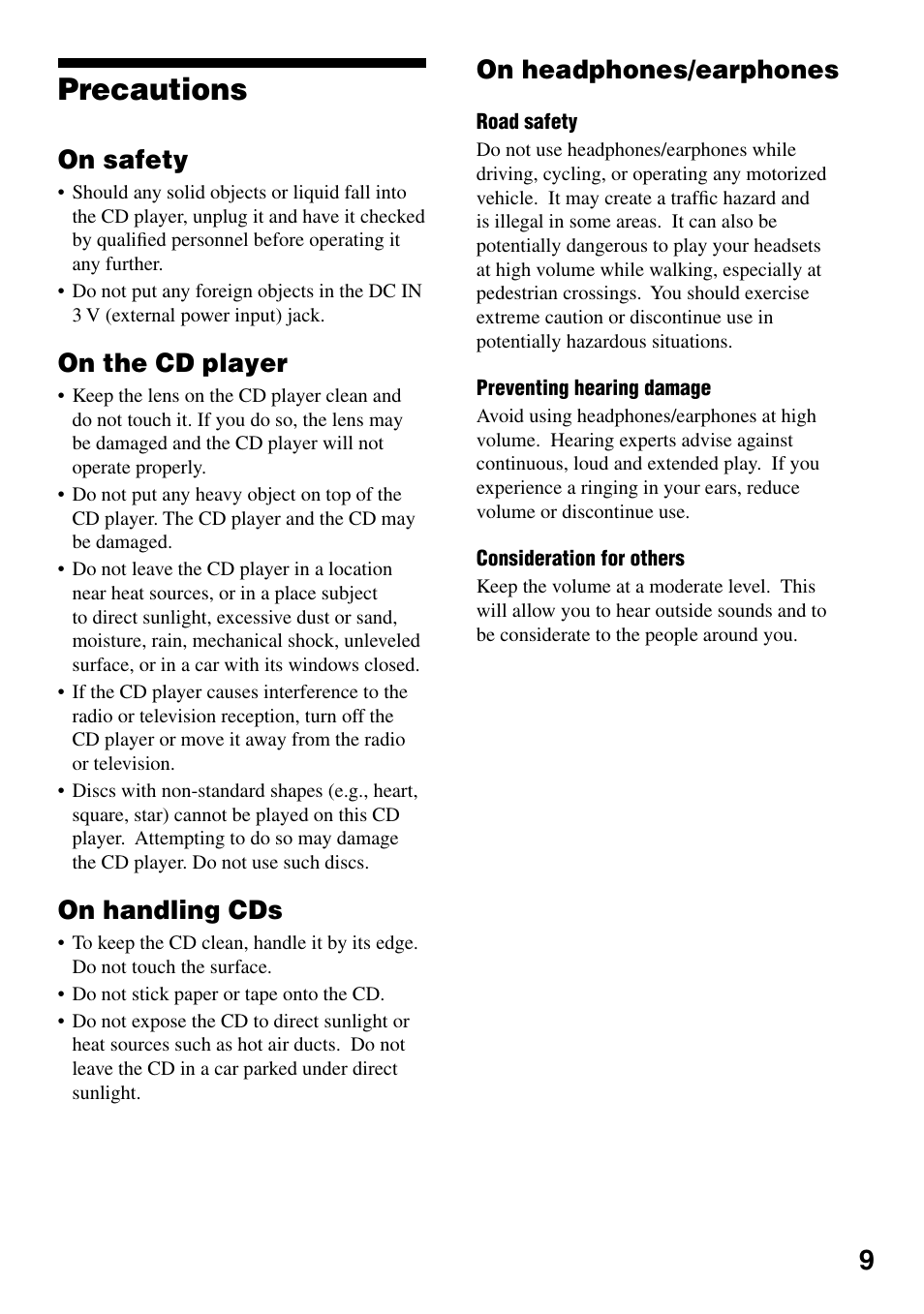 Precautions, On safety, On the cd player | On handling cds, On headphones/earphones | Sony D-NE330LIV3 User Manual | Page 9 / 40
