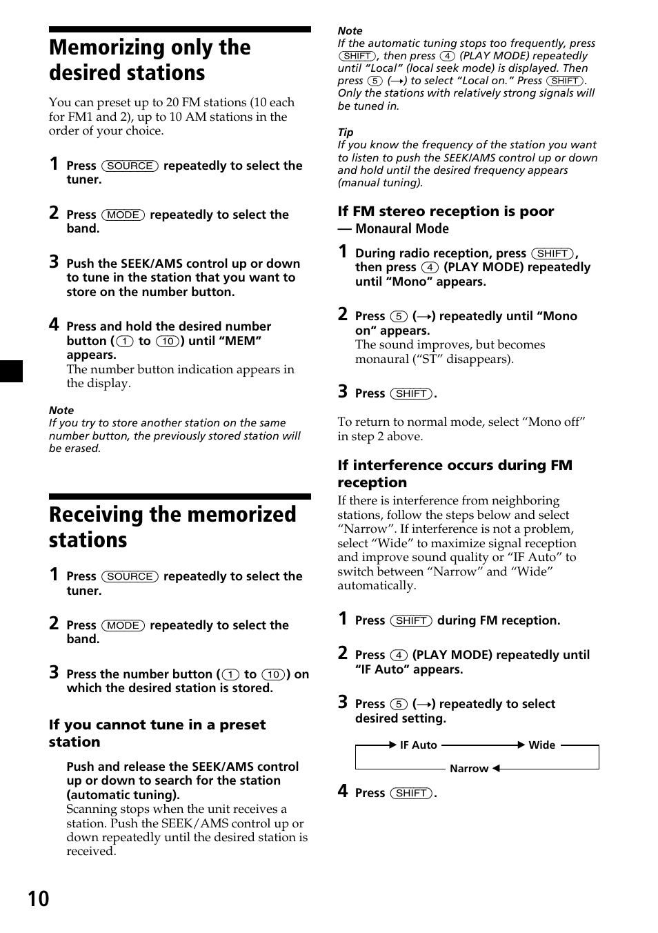 Memorizing only the desired stations, Receiving the memorized stations | Sony CDX-C6850 User Manual | Page 10 / 28