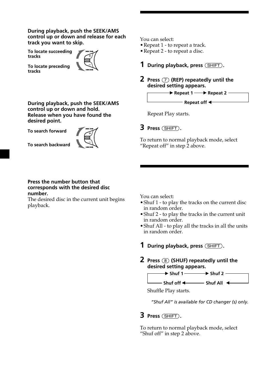 Playing tracks repeatedly, Playing tracks in random order, 18 playing tracks repeatedly | Sony CDX-C6850 User Manual | Page 18 / 28
